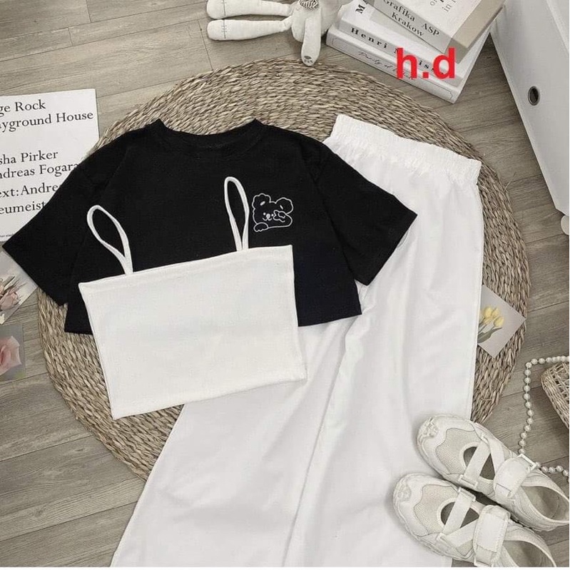 Set bộ 3 món áo thun + 2 dây+ quần suông❤️ áo phông quần trắng cá tính năng động, thời trang hè