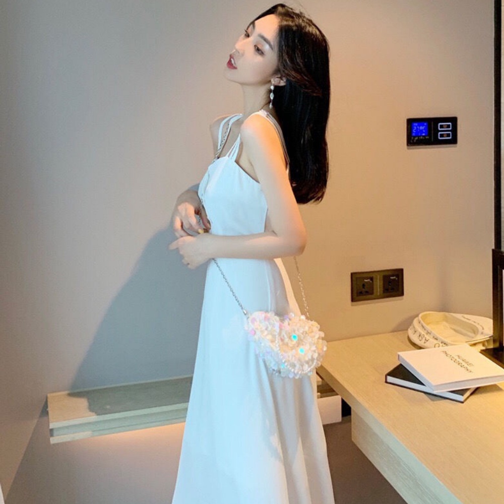 Váy đầm 2 dây, đầm xuông - chất đũi lụa trơn basic nữ , hai màu trắng đen