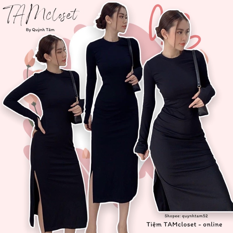 Đầm maxi body thun tay dài xẻ tà hai bên - TK116
