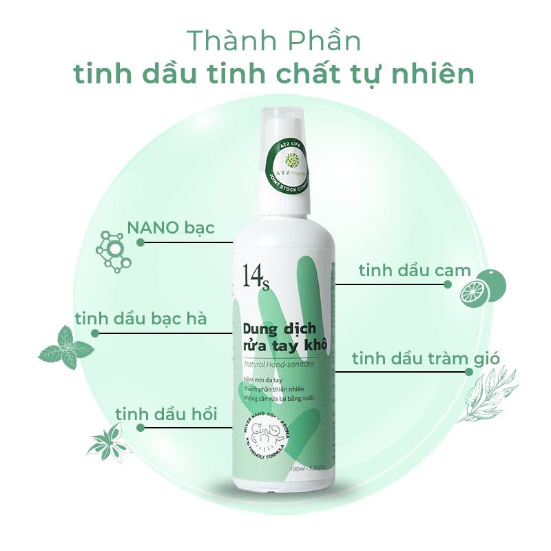 Dung dịch rửa tay khô tinh dầu và nano bạc 14S 100ml