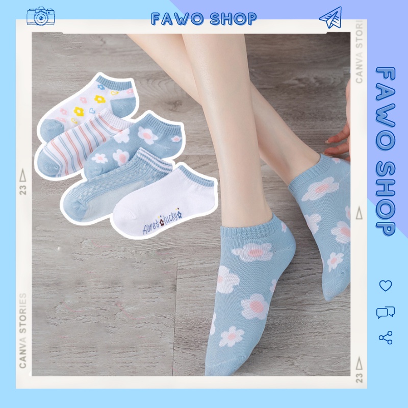 Tất Nữ Cổ Ngắn Phong Cách Hàn Quốc Họa Tiết Dễ Thương, Cute, Đáng Yêu Dễ Phối Đồ Họa Tiết Hoa Cúc