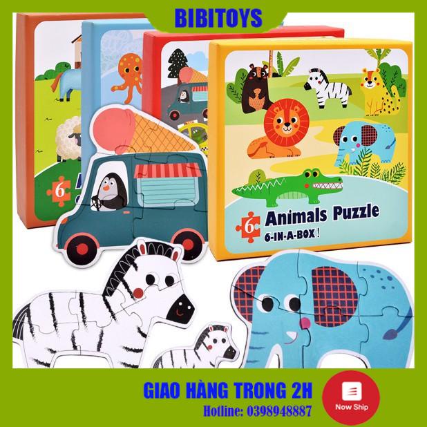 Đồ chơi bộ xếp hình 6 hình Puzzle size to, hộp giấy chọn chủ đề cho bé