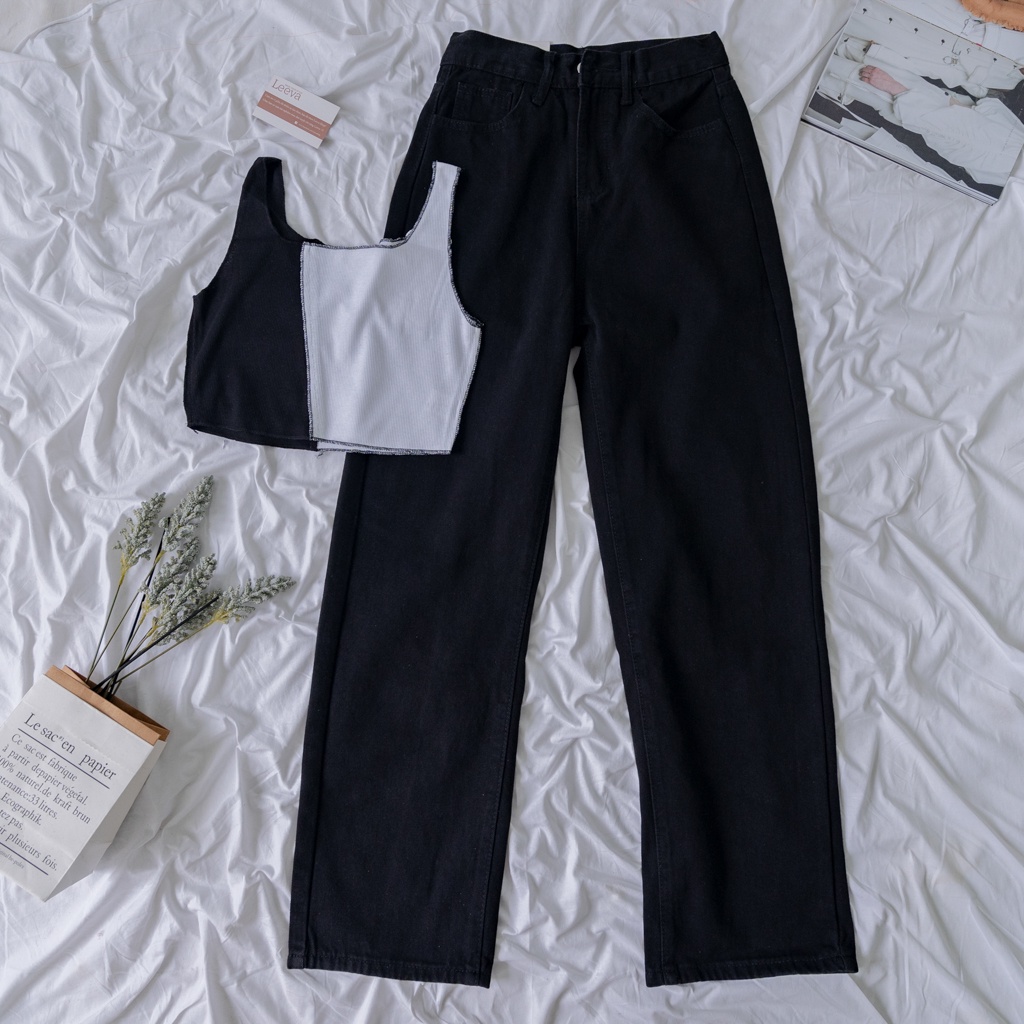 LEEVA - Quần jeans đen dài nữ ống rộng cạp cao cá tính Q024