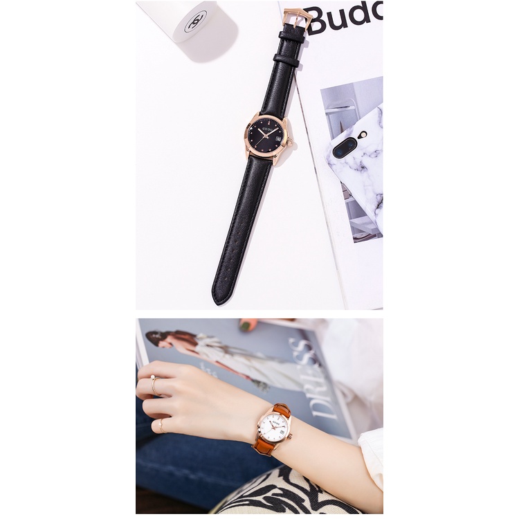 Đồng hồ nữ Guou dây da đen mặt số ngọc viền mạ vàng chính hãng chống nước giá rẻ | BigBuy360 - bigbuy360.vn