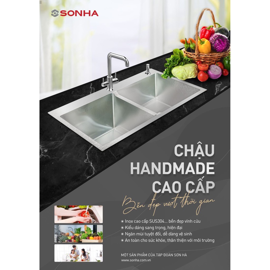 (COMBO) CHẬU RỬA BÁT INOX LUXURY HANDMADE SƠN HÀ 2 HỘC CÂN HMX.2C.82.2.3 VÀ VÒI SƠN HÀ SHK 0030 ĐỒNG MẠ CROM CAO CẤP