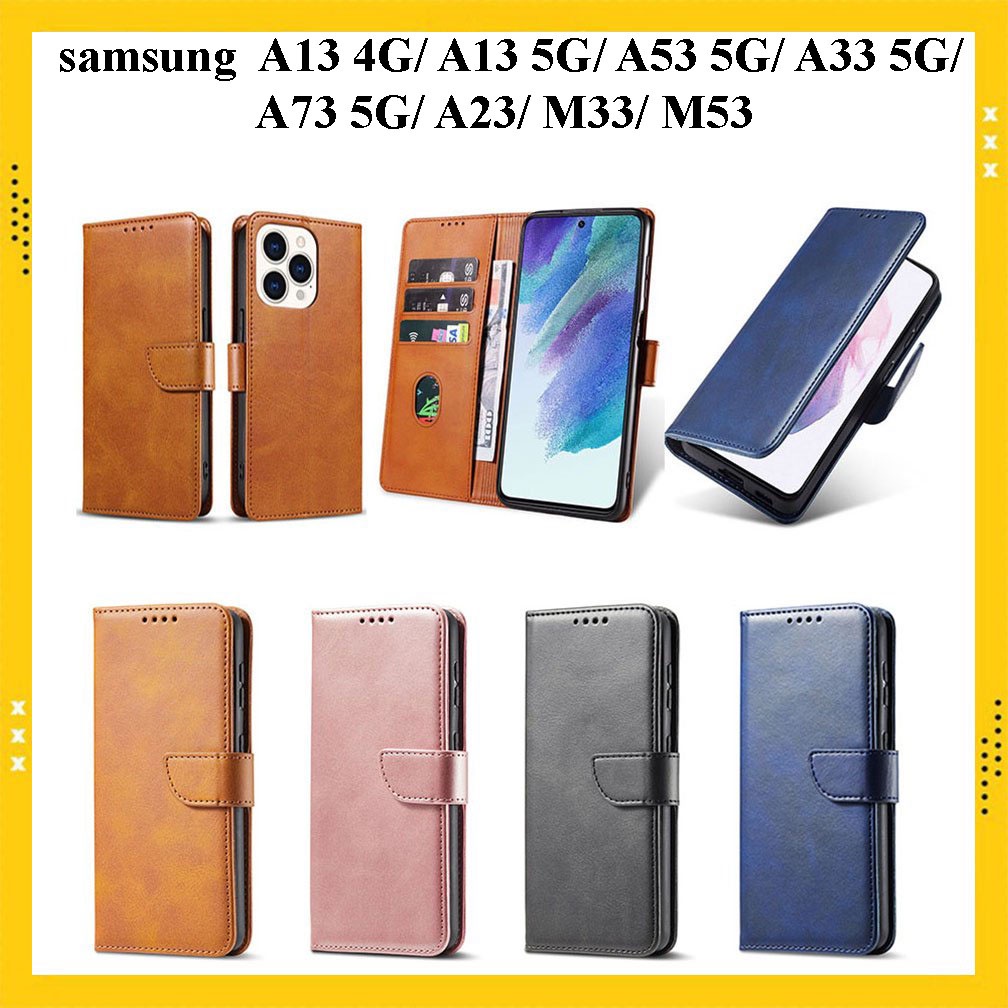 Bao da Samsung A13 4G, A13 5G, A53 5G, A33 5G, A73 5G, A23, M33, M53 kiểu ví nắp gập nút cài nam châm, ngăn đựng thẻ