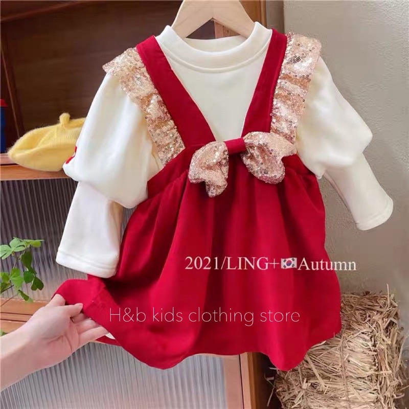 váy nhung viền nơ kim sa kèm áo trắng bé gái (hàng shop )