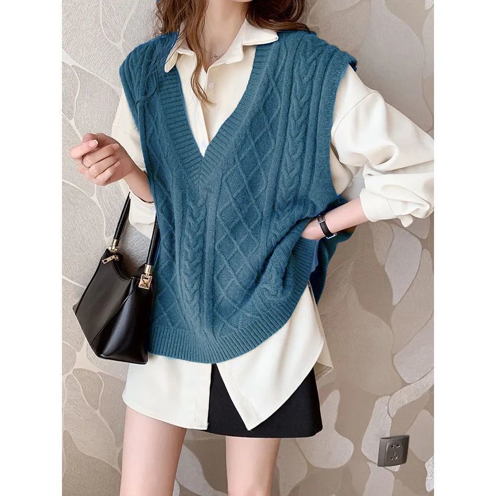 Áo sweater nữ không tay dáng rộng cổ V thiết kế mới thời trang phong cách Hàn Quốc