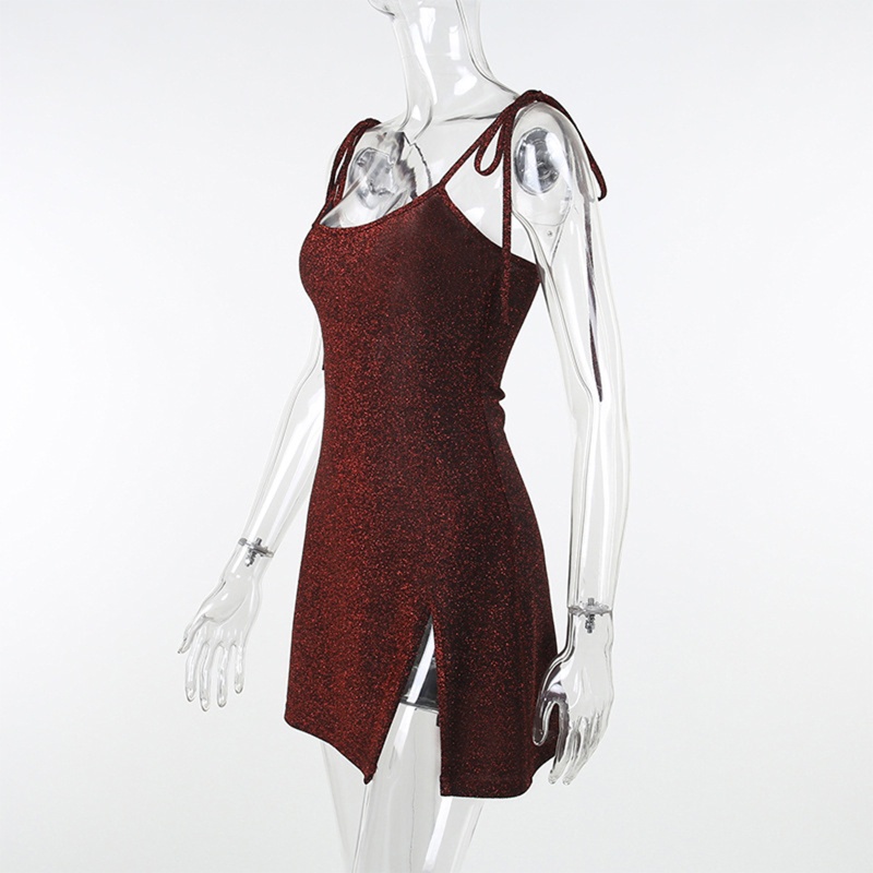 Brroa Đầm Ôm Hai Dây Màu Đỏ Đậm Đính Kim Tuyến Lấp Lánh Xẻ Tà Bên Hông Phong Cách Harajuku Gợi Cảm Cho Nữ