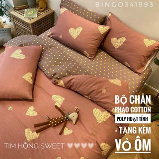 Bộ chăn ga cotton poly Tim hồng sweet Chăn phao dày dặn cho mùa đông ấm áp có tặng kèm vỏ ôm