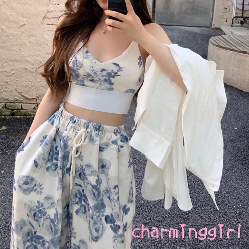 Set Áo Hai Dây Cổ Chữ V In Hoa + Quần Dài Lưng Thun Thời Trang Nữ