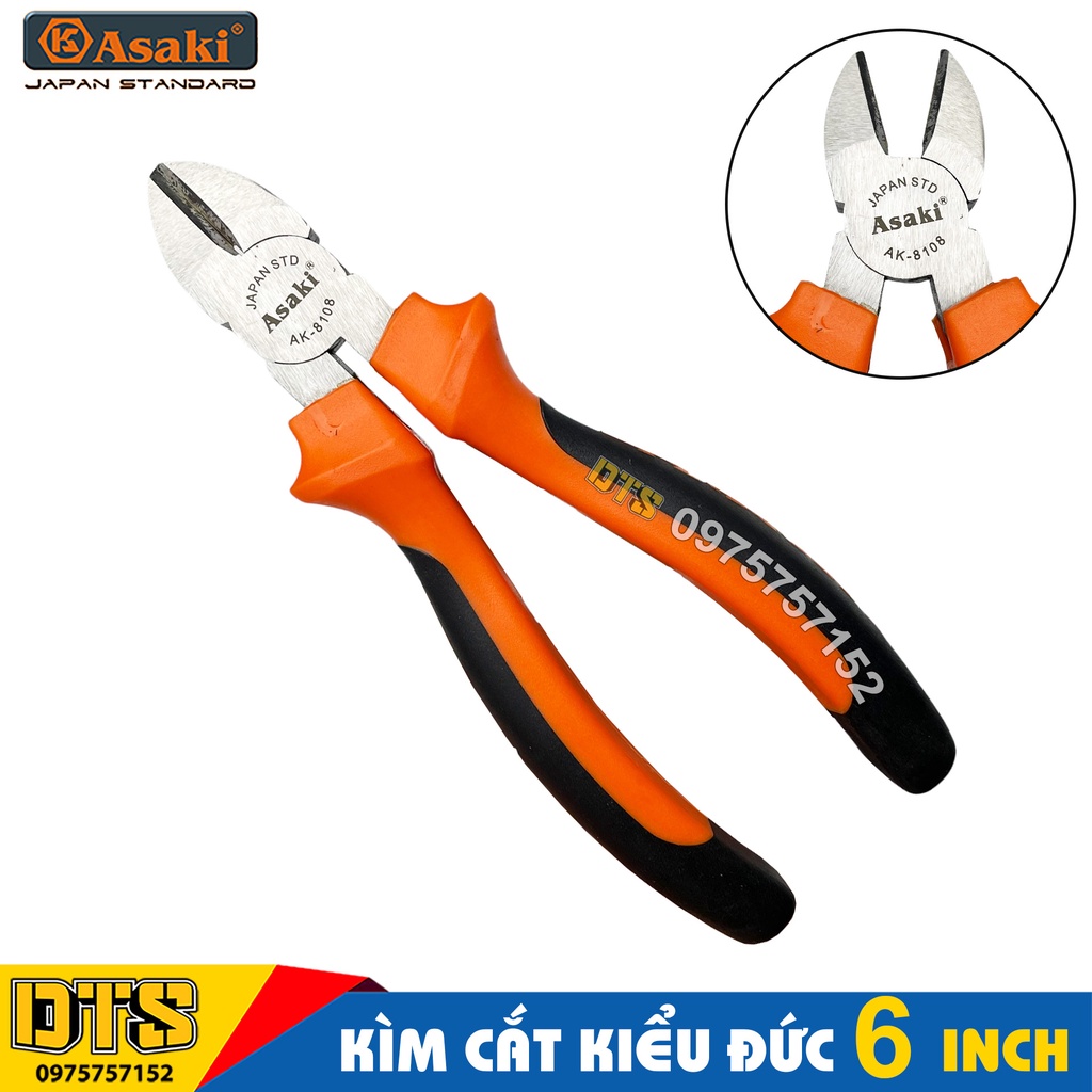 Kìm cắt 6 inch kiểu Đức Asaki, kềm cắt đa năng A+cut Tech thép CR-V siêu cứng chống gỉ sét, cắt dây điện sắt kim loại