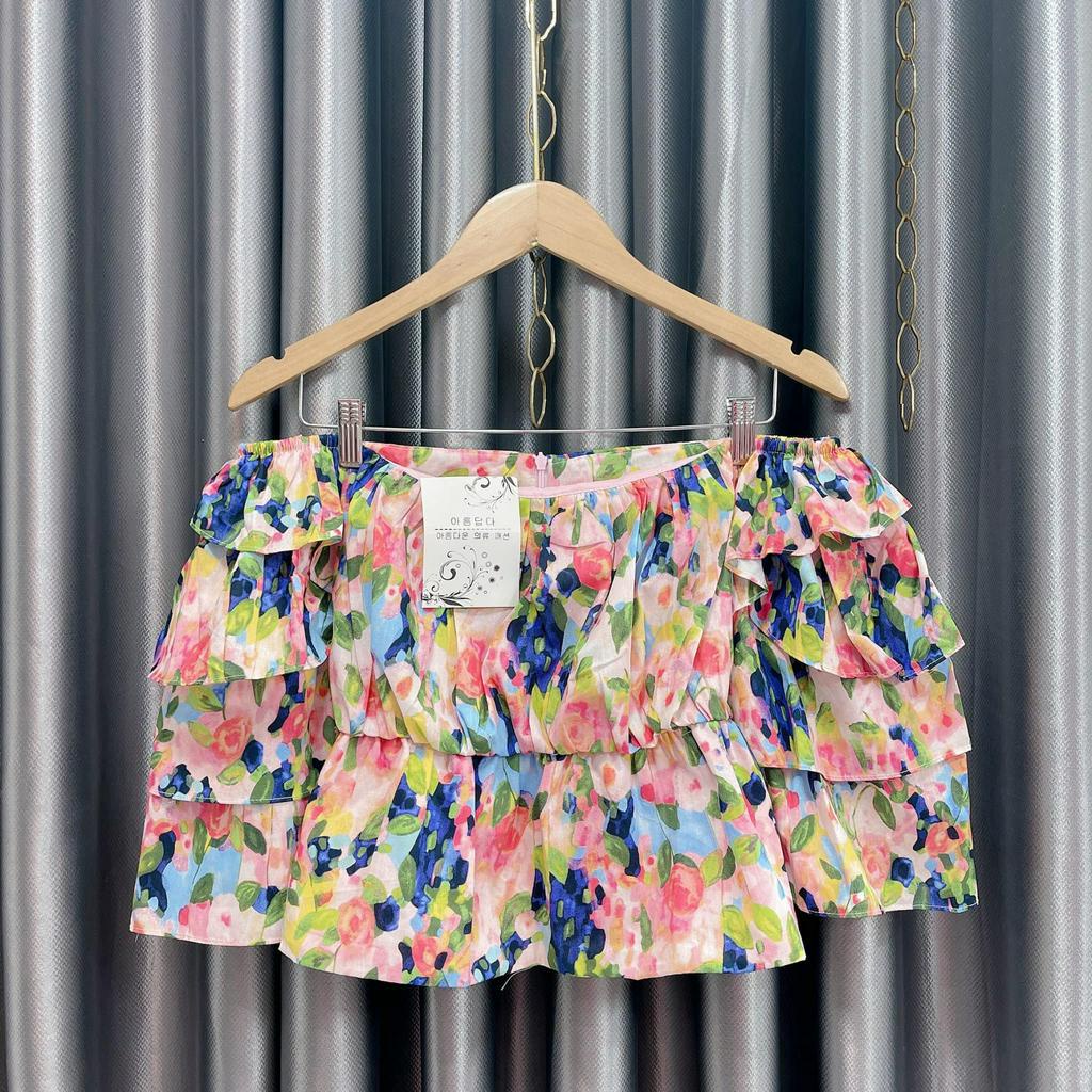 Áo hoa trễ vai tay tầng 2 lớp hót