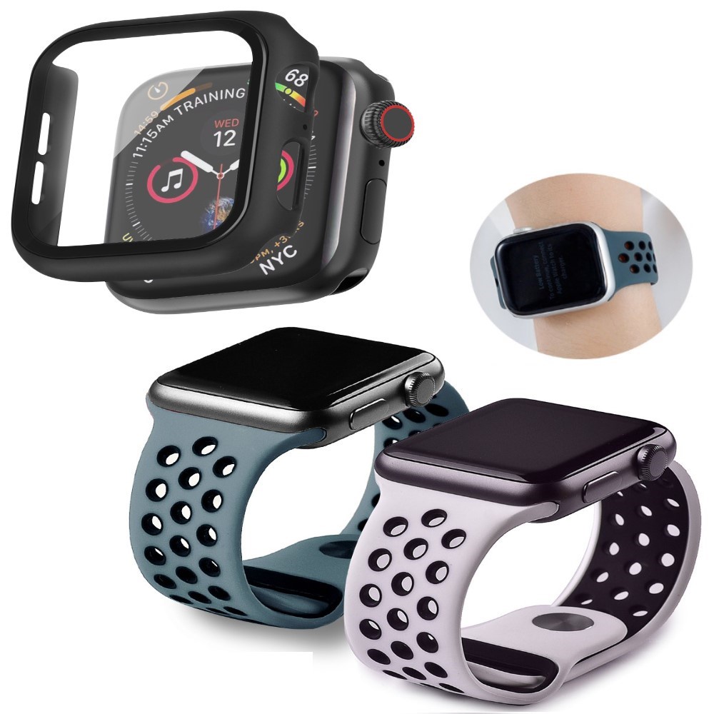 Dây Cao Su Nike Sport vs Ốp Kính Cường Lực Apple Watch Series 7/6/5/SE/4/3/2/1 Size 38-40-41-42-44-45