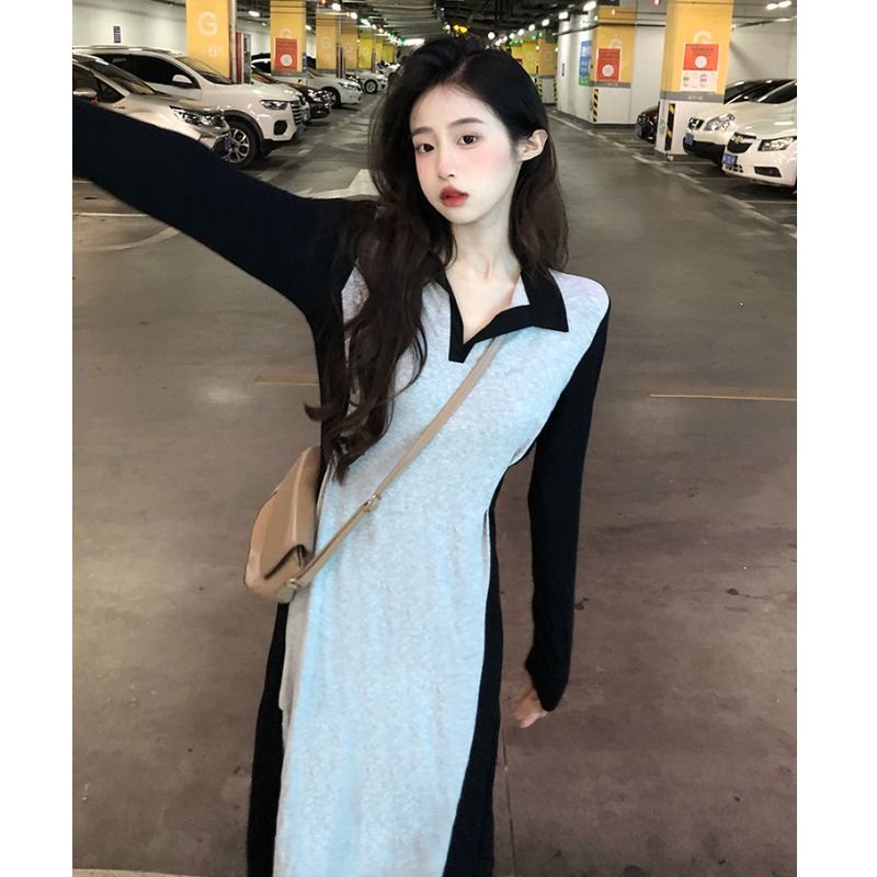 Đầm COZOKC tay dài cổ polo ôm eo màu tương phản phong cách Hàn Quốc