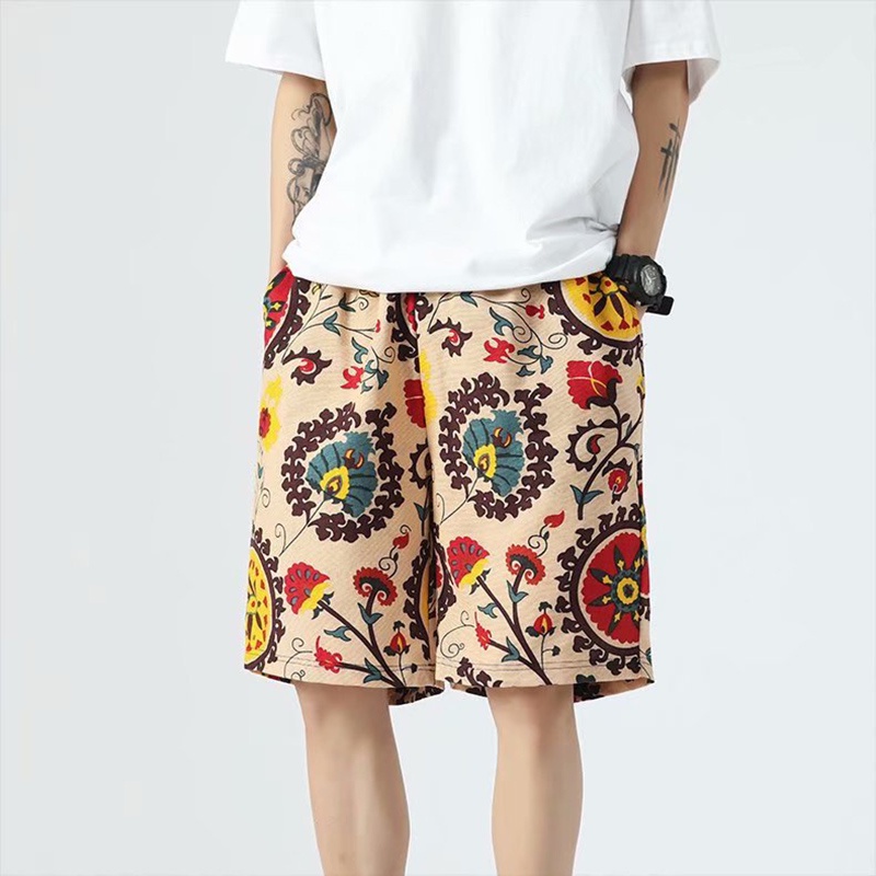Quần short IELGY thể thao đi biển vải cotton lanh mỏng dáng rộng in hoa kiểu retro thời trang mùa hè cho nam