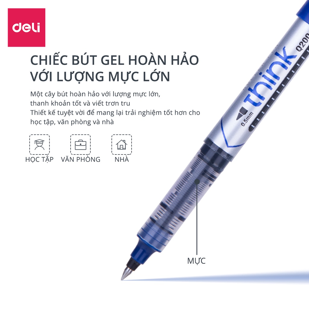Bút ký mực gel màu xanh ngòi 0.5mm Deli nhanh khô nét viết đều đẹp lâu hết mực thân bút trong suốt kiểm tra lượng mực