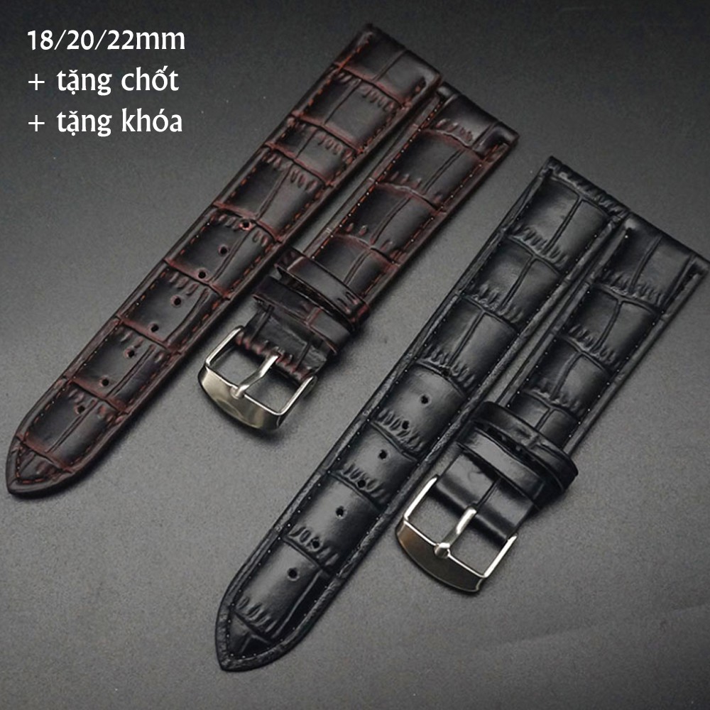 Dây da đồng hồ dập vân cá sấu dành cho đồng hồ đeo tay + tặng kèm chốt hai đầu