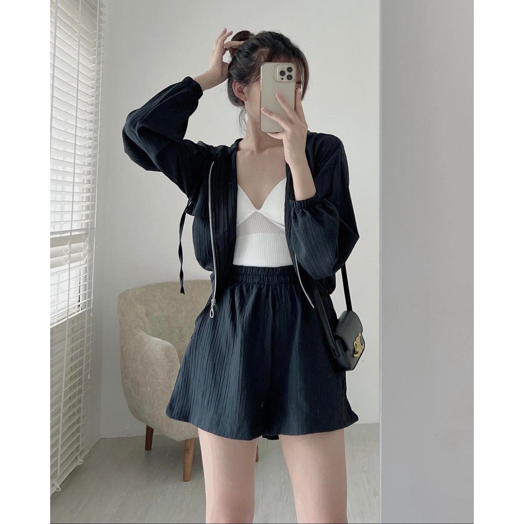 Set 3 món áo khoác hodie áo 2 dây kèm quần short mặc thu đông phong cách cá tính Hàn Quốc