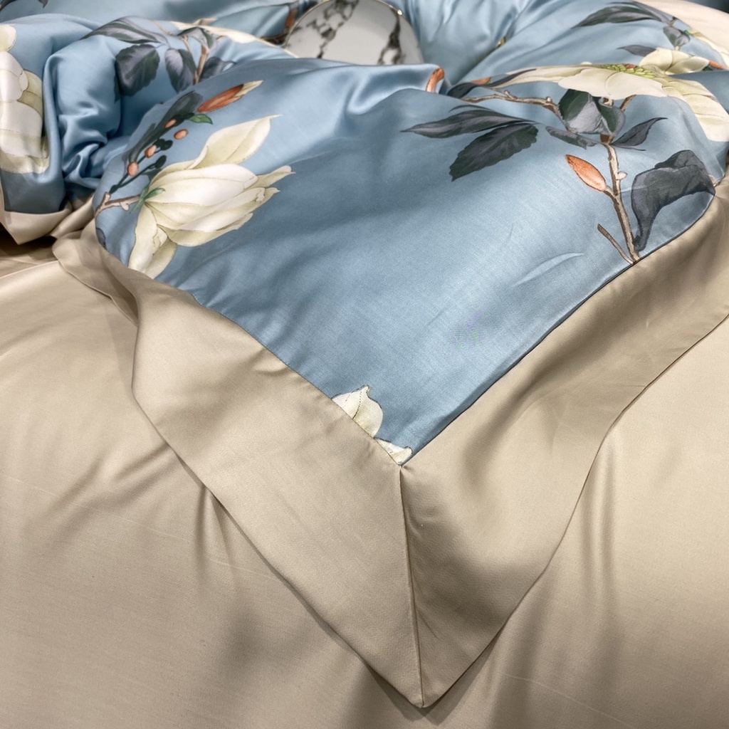 Bộ chăn ga gối cao cấp 100%Tencel 100s, họa tiết Hoa Nhài tây, biểu tượng cho cái đẹp, tình yêu, chất liệu siêu mềm mịn