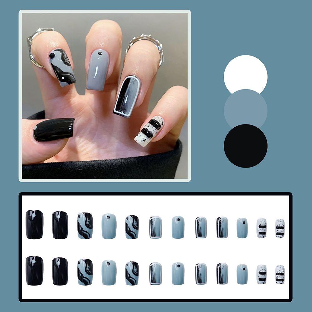 PATH 24pcs/Box Press On Nails Short Round/Square Head False Nails Detachable Fake Nails Wearable Artificial Manicure Tool Glitter Sequins Full Cover Nail Tips