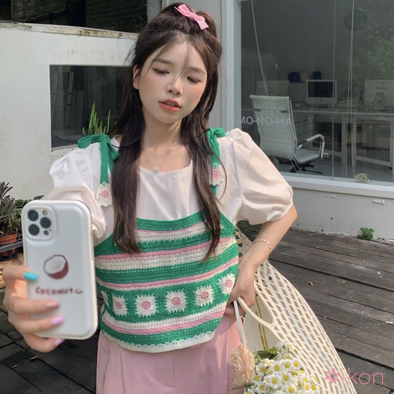 Áo Tank Top Dệt Kim Sát Nách In Hoa Cúc Xinh Xắn Cho Nữ