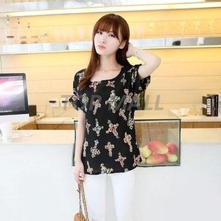 Topmall Áo chiffon nữ tay ngắn phối ren áo rút áo tiểu thư áo bigsize sơmi nữ áo sơmi nữ áo lụa áo trắng áo hở lưng