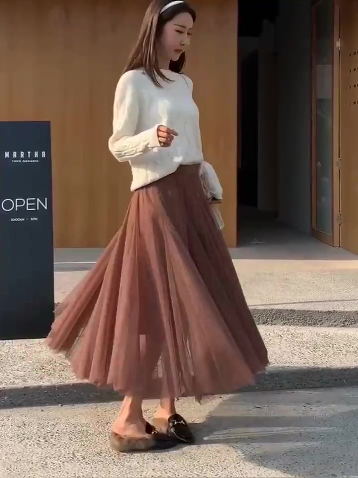 Chân Váy xếp ly vải lưới dáng dài hai lớp