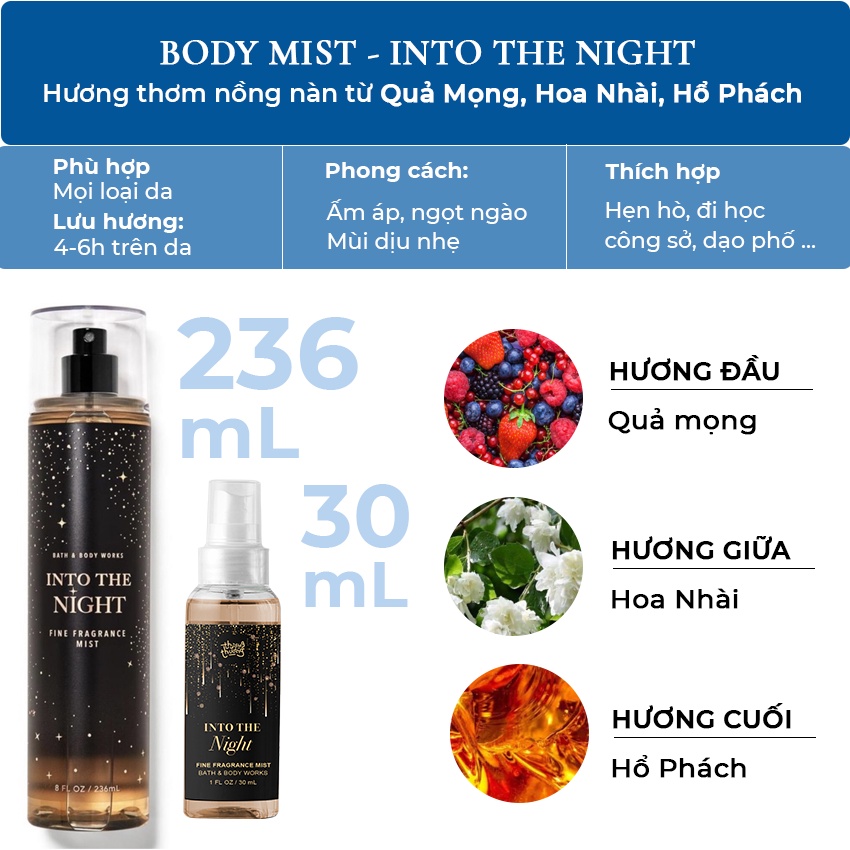 Xịt thơm cơ thể, body mist into the night fullsize 236ml và chiết 30ml dành cho nam và nữ, thuongthuóngshop