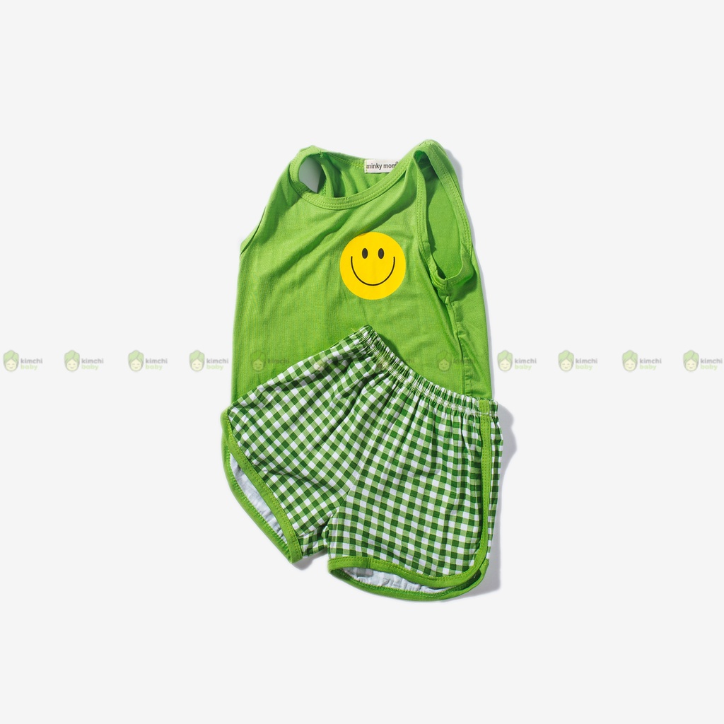 Bộ Ba Lỗ Bé Trai, Bé Gái MinkyMom Vải Thun Lạnh Hoạ Tiết Mặt Cười Quần Kẻ , Áo 3 Lỗ Cho Bé Mặc Hè Thoáng Mát MKM3LO2213