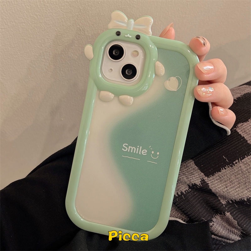 Ins Wave Green Splicing Smile Case Compatible for IPhone 7 8 6 6S Plus XR 11 12 13 Pro Max 14 Plus 14 Pro Max X XS MAX SE 2020 Cartoon 3D Bow Little Monster Lens Soft Back Cover
