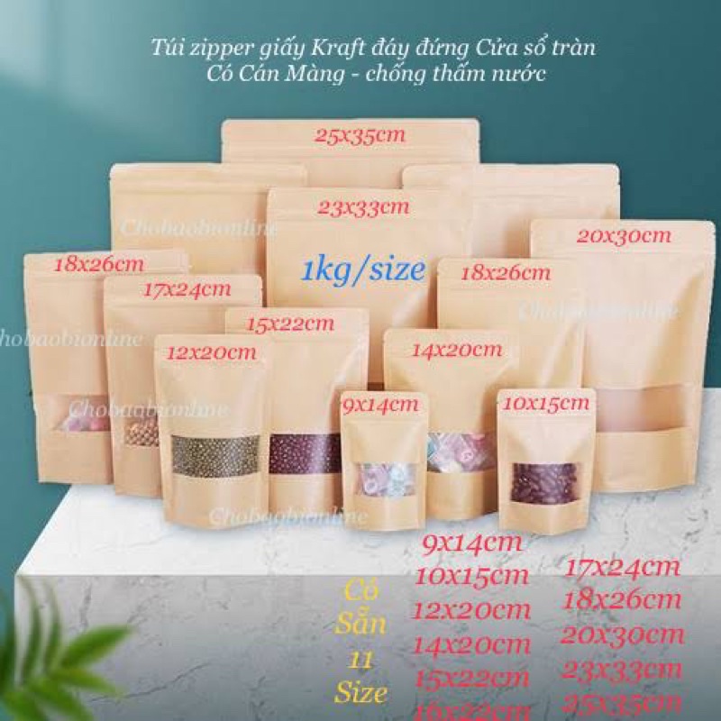 {1kg/ size} Túi zipper giấy Kraft đáy đứng cửa sổ tràn có CÁN MÀNG - CHỐNG THẤM NƯỚC (có đủ size - sp y hình)