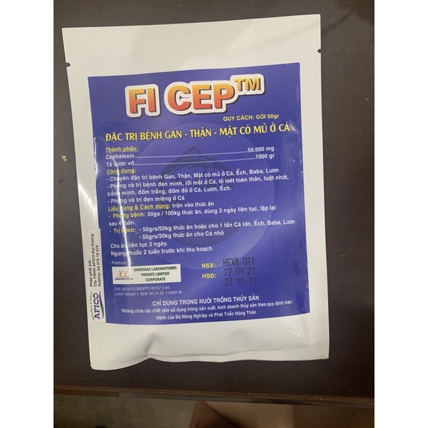 Fi Cep sử dụng cho cá sưng gan - thận - mật mủ ở cá gói 50gram