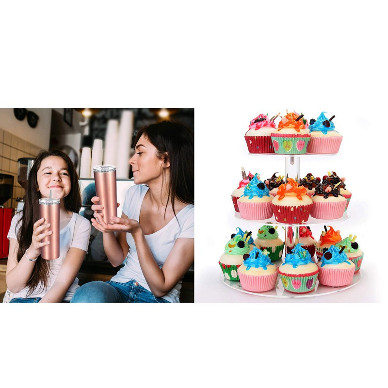 2 Pack 20 Oz Stainless Steel Double-Insulated Water Tumbler Cup & 1x 3 Tier Acrylic Glass Round Cupcake Display Stand