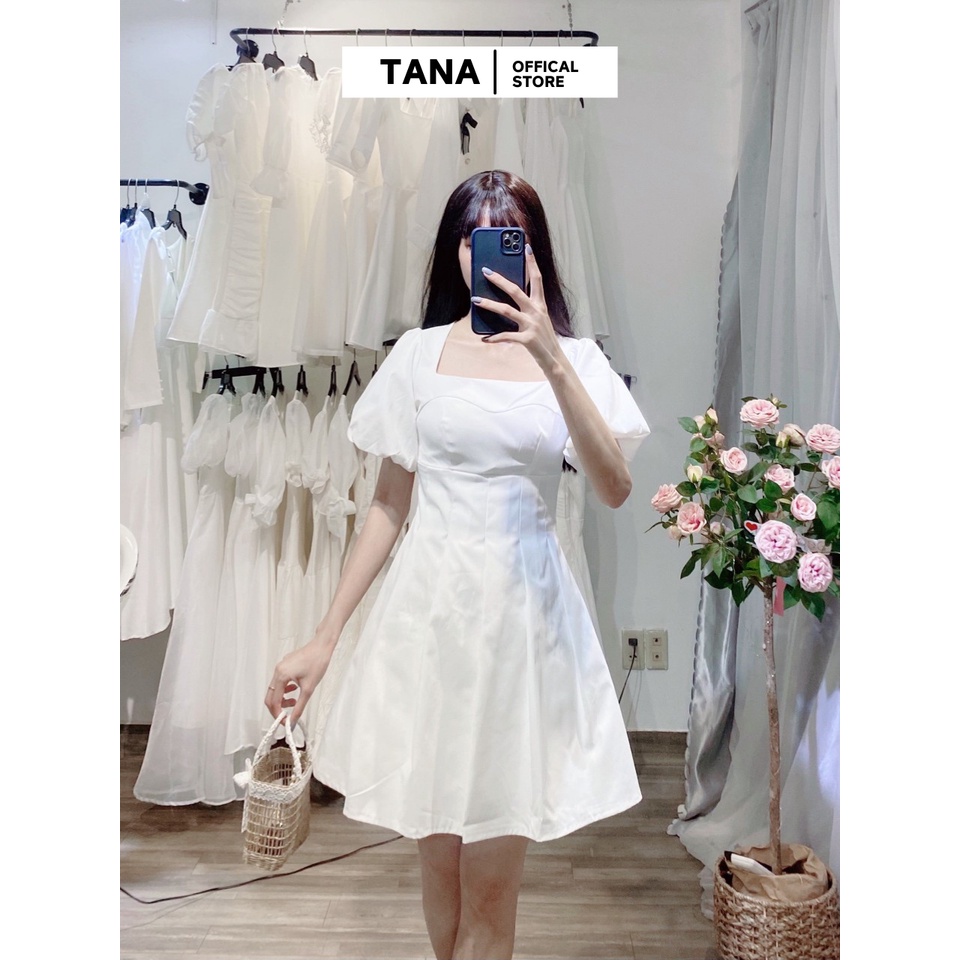 Váy đi tiệc TANA D405 váy cổ vuông tay bồng xếp ly màu trắng và màu nude mặc đi tiệc, hàng ngày, đi chơi