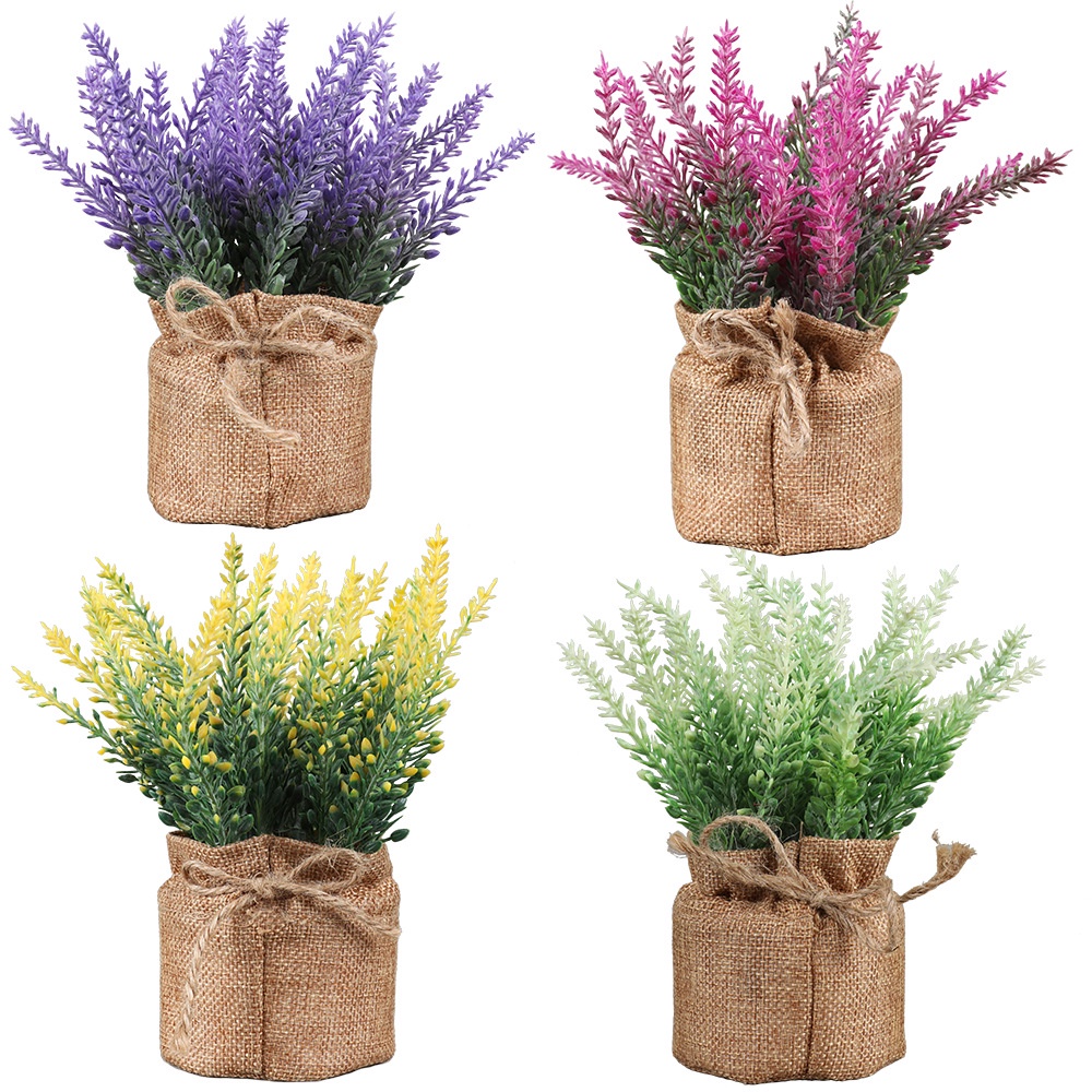 Chậu hoa oải hương mô phỏng, dùng decor trang trí bàn làm việc kèm túi làm bằng dây gai xinh xắn