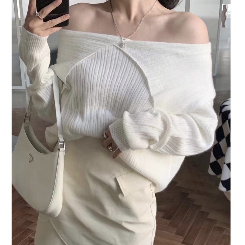 QKOOLE  Áo Croptop Dệt Kim Tay Dài Trễ Vai Kiểu Hàn Quốc Xinh Xắn Cho Nữ