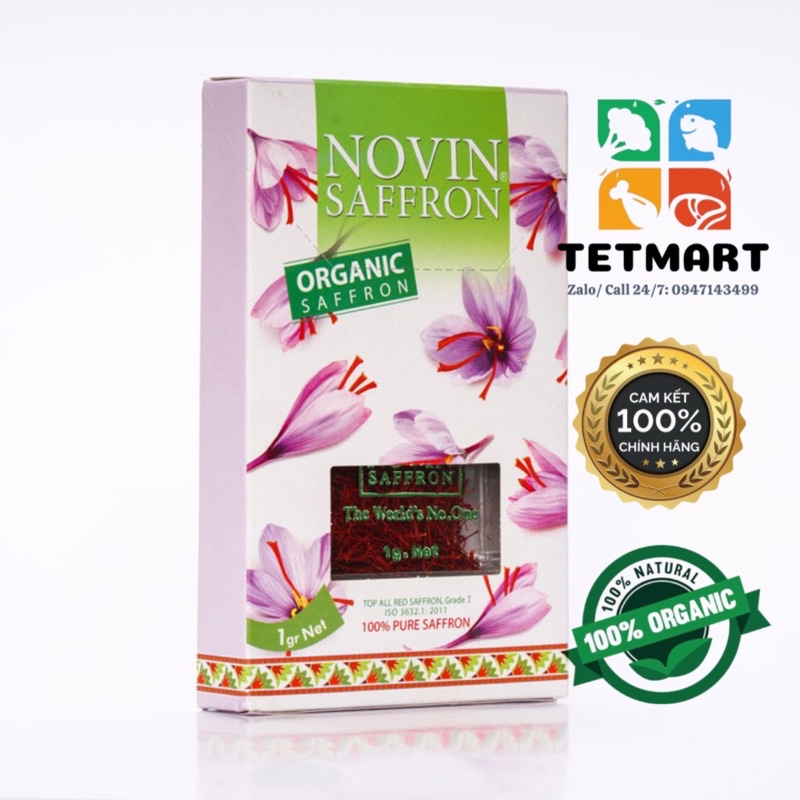Nhuỵ hoa nghệ tây hữu cơ nhãn hiệu nổi tiếng Novin, 1gr (Organic Saffron) - Hàng chuẩn Iran 100%, Chứng nhận Châu Âu
