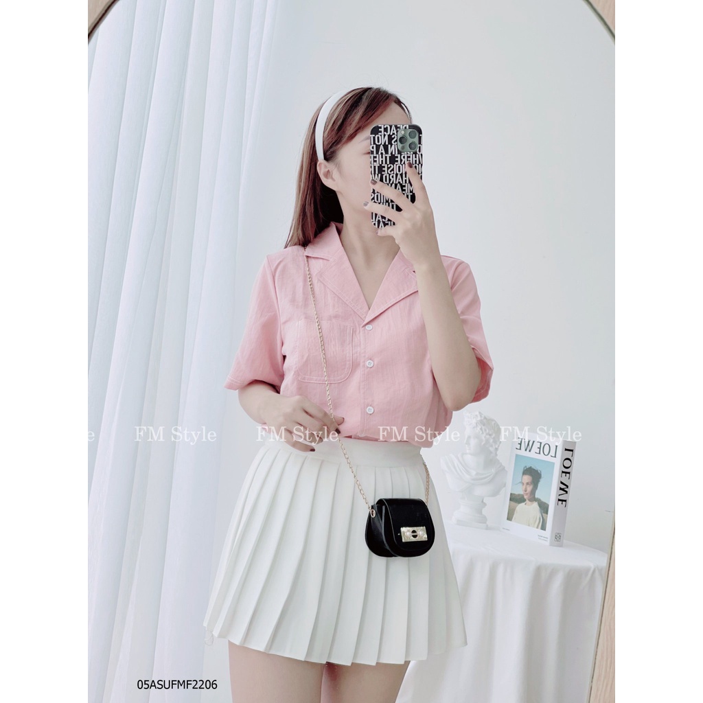 Áo sơ mi kiểu nữ hoạ tiết chỉ nổi tay ngắn cổ vest chất đũi xịn dày dặn phong cách ulzzang Hàn Quốc 220323400