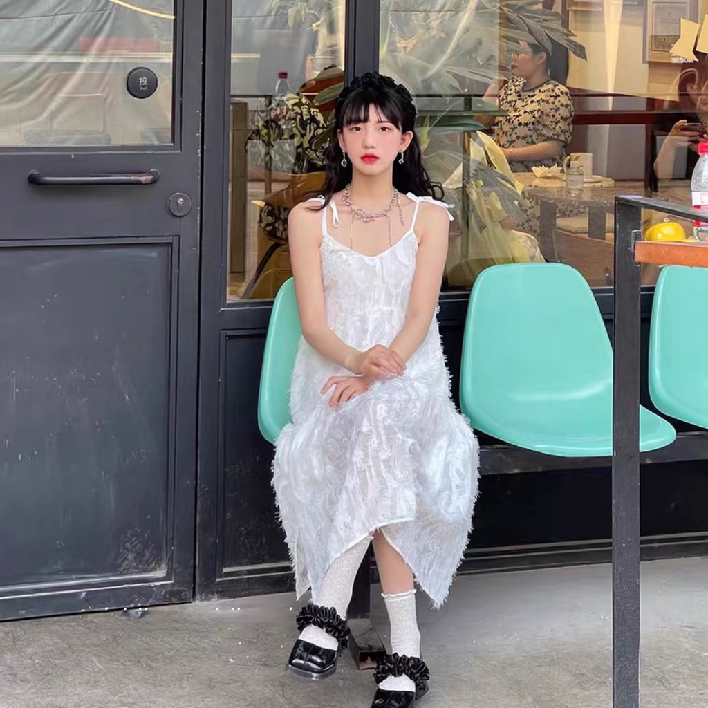 Váy Đầm Hai Dây Hoa Xù Dáng Dài Phong Cách Bánh Bèo Tiểu Thư, Váy Đầm Babydoll dáng dài