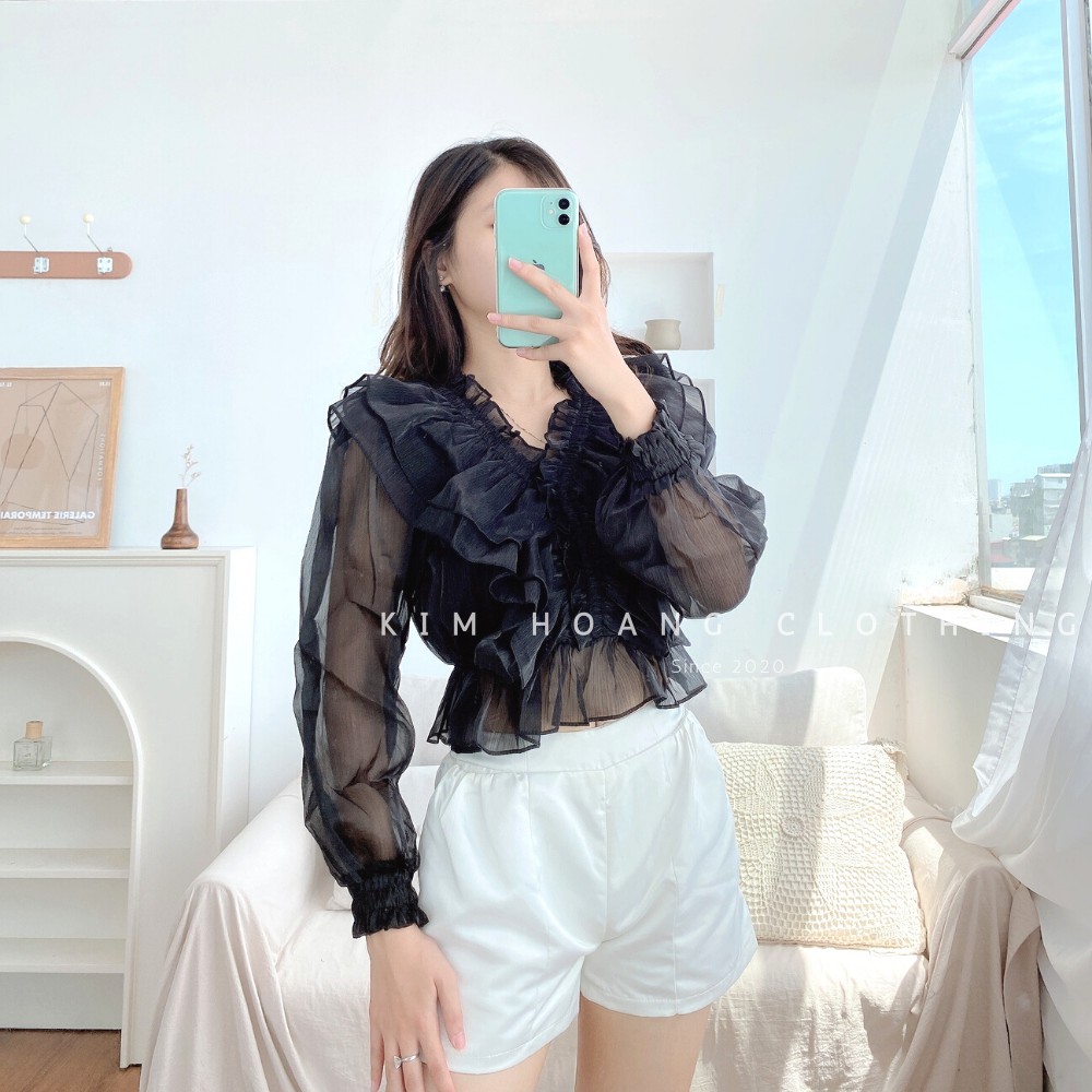 Áo sơ mi tiểu thư nữ croptop bèo nhún kiểu trễ vai tay bồng bánh bèo