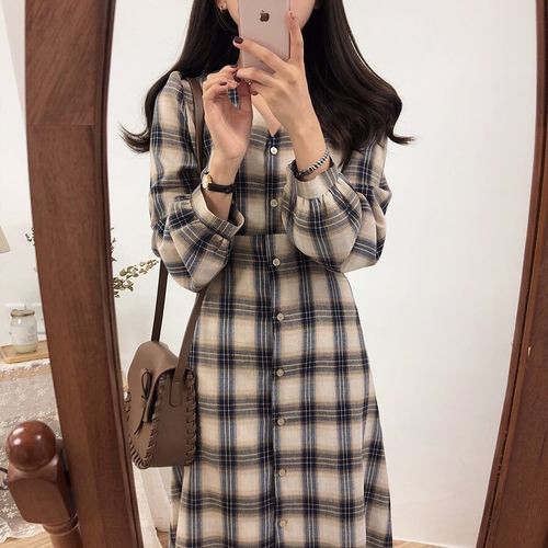 Xiaozhainv Đầm maxi dài tay họa tiết kẻ sọc ca rô phong cách Hàn Quốc xinh xắn thời trang cho nữ | BigBuy360 - bigbuy360.vn