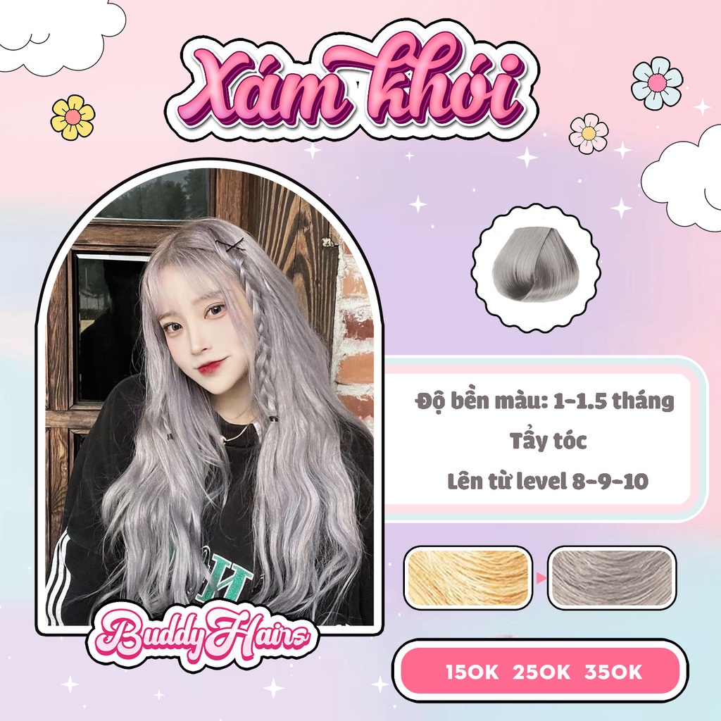 Thuốc nhuộm tóc Xám khói cần dùng Thuốc tẩy tóc của Buddyhairs tặng kèm găng tay, mũ trùm đầu, trợ nhuộm