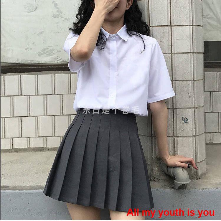 [Chụp ảnh thật 💕]Chân váy    Winter is a curly hair, summer new style female student Korean loose top short-sleeved shirt ins wind pure color tide
