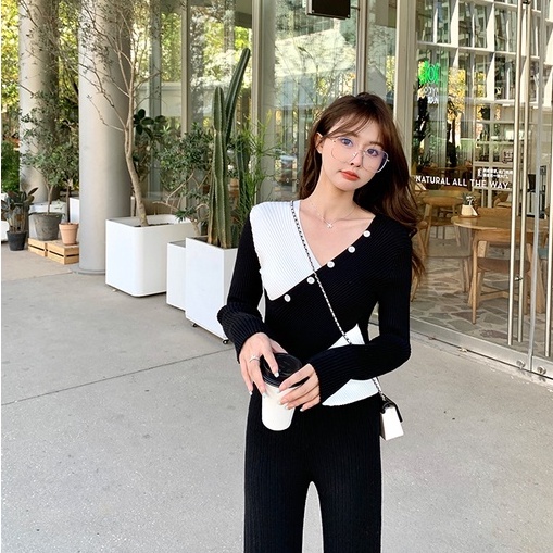 ZHELIHANGFEI Áo Dệt Kim Tay Dài Cổ Chữ V Chéo Eo Cao Dáng Ôm Gợi Cảm Dễ Phối