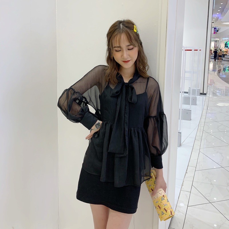 Set Sơ Mi Buộc Nơ Ogazan buộc nơ kèm áo 2 Dây, Made By TeamLU , tay cúc Ngọc | BigBuy360 - bigbuy360.vn