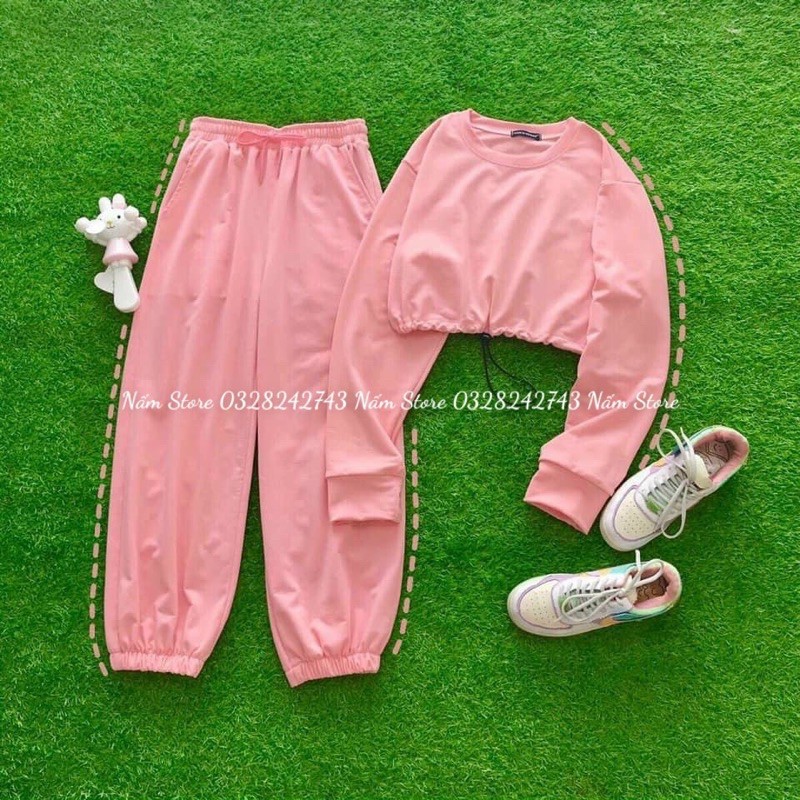 [Mã FATHANG5 giảm 10K đơn 50K] Set thể thao áo croptop tay dài rút dây + quần jogger trơn dài ống bo unisex