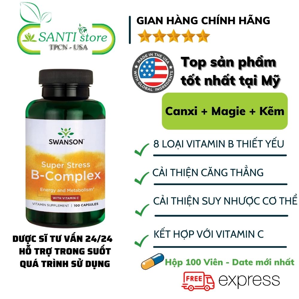 Viên uống Swanson Super Stress vitamin B-Complex with Vitamin C tăng hệ miễn dịch, nâng cao sức khỏe - santi
