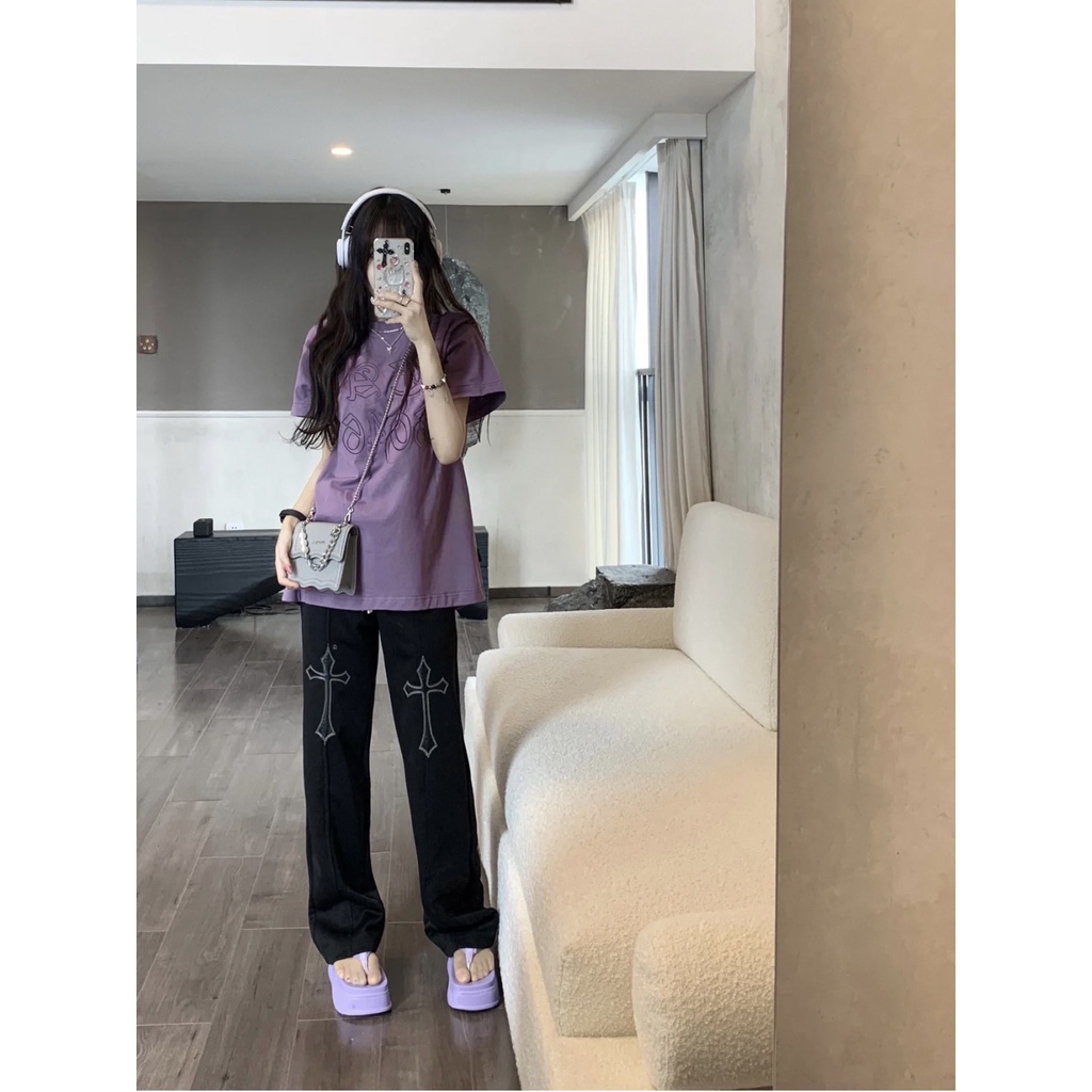 Áo Thun cotton Ngắn Tay Cổ Tròn In Họa Tiết retro Mỹ Cho Nữ