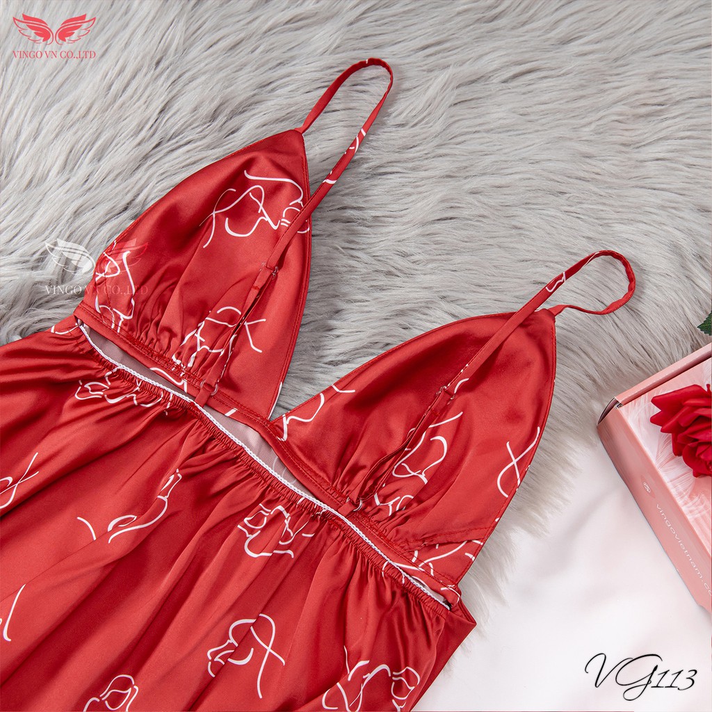 VINGO Váy Ngủ Lụa Pháp Mặc Nhà Nữ Hai Dây Có Mút Ngực Họa Tiết Thiếu Nữ Đỏ Gợi Cảm VG113 VNGO | BigBuy360 - bigbuy360.vn